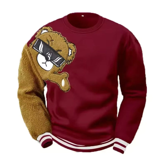 Sweatshirt homme – Coupe décontractée – Coton doux – Ours brodé – Manches contrastées
