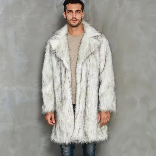 Manteau long homme – Fausse fourrure – Coupe oversize – Revers à cran – Ouverture libre
