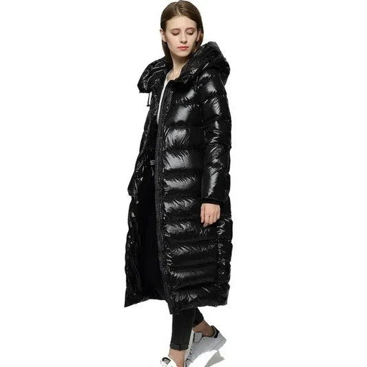 Manteau long femme – Duvet matelassé – Capuche – Finition brillante déperlante