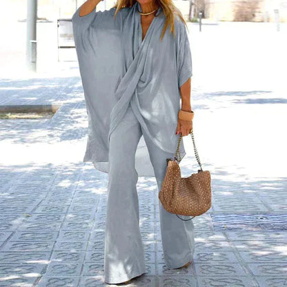 Ensemble femme deux pièces – Haut drapé fluide – Pantalon large – Coton léger