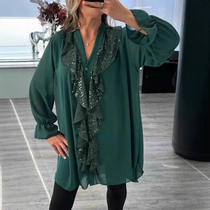 Blouse femme – Coupe ample – Tissu transparent – Manches longues – Volants brillants