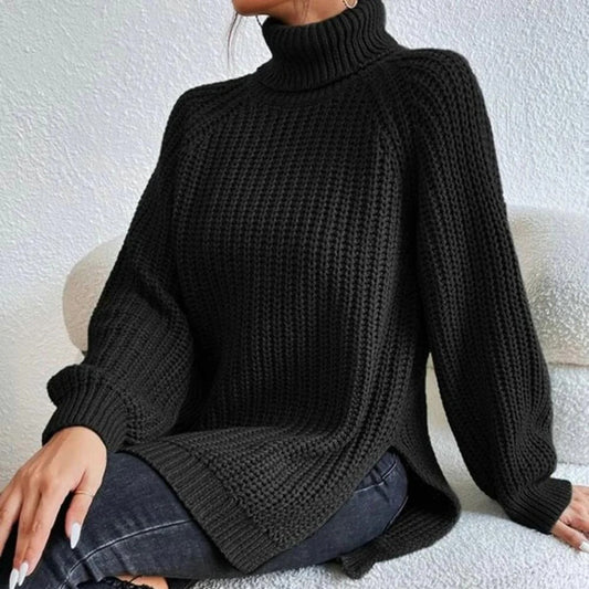 Femme Pull - Acrylique - Coupe Oversize - Col Roulé - Longueur Mi-Cuisse