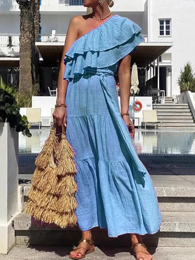 Robe longue femme – Épaule dénudée – Volants – Coupe ample – Coton fluide à étages