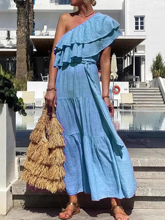 Robe longue femme – Épaule dénudée – Volants – Coupe ample – Coton fluide à étages