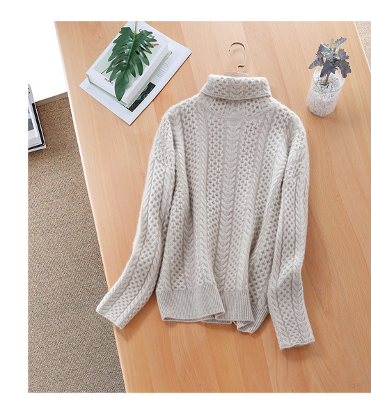 Pull femme – Col roulé – Maille torsadée – Coupe décontractée – Texture douce chaude