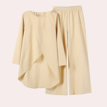 Ensemble Femme – Haut Asymétrique Manches Longues – Pantalon Large – Tissu Coton