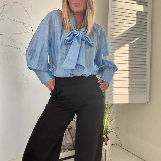 Blouse femme – Coupe ample – Col lavallière – Manches bouffantes – Coton léger