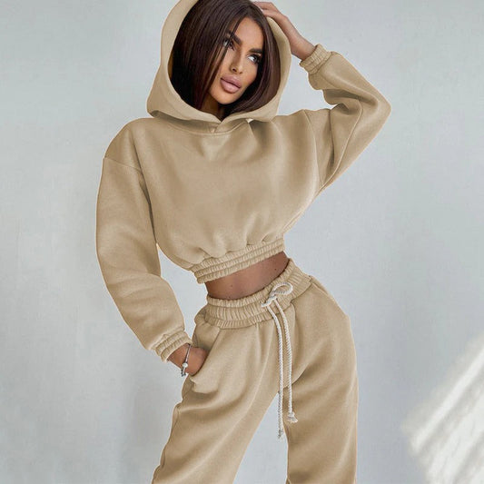 Ensemble Loungewear Femme – Coupe Décontractée – Hoodie Court – Pantalon Taille Cordon