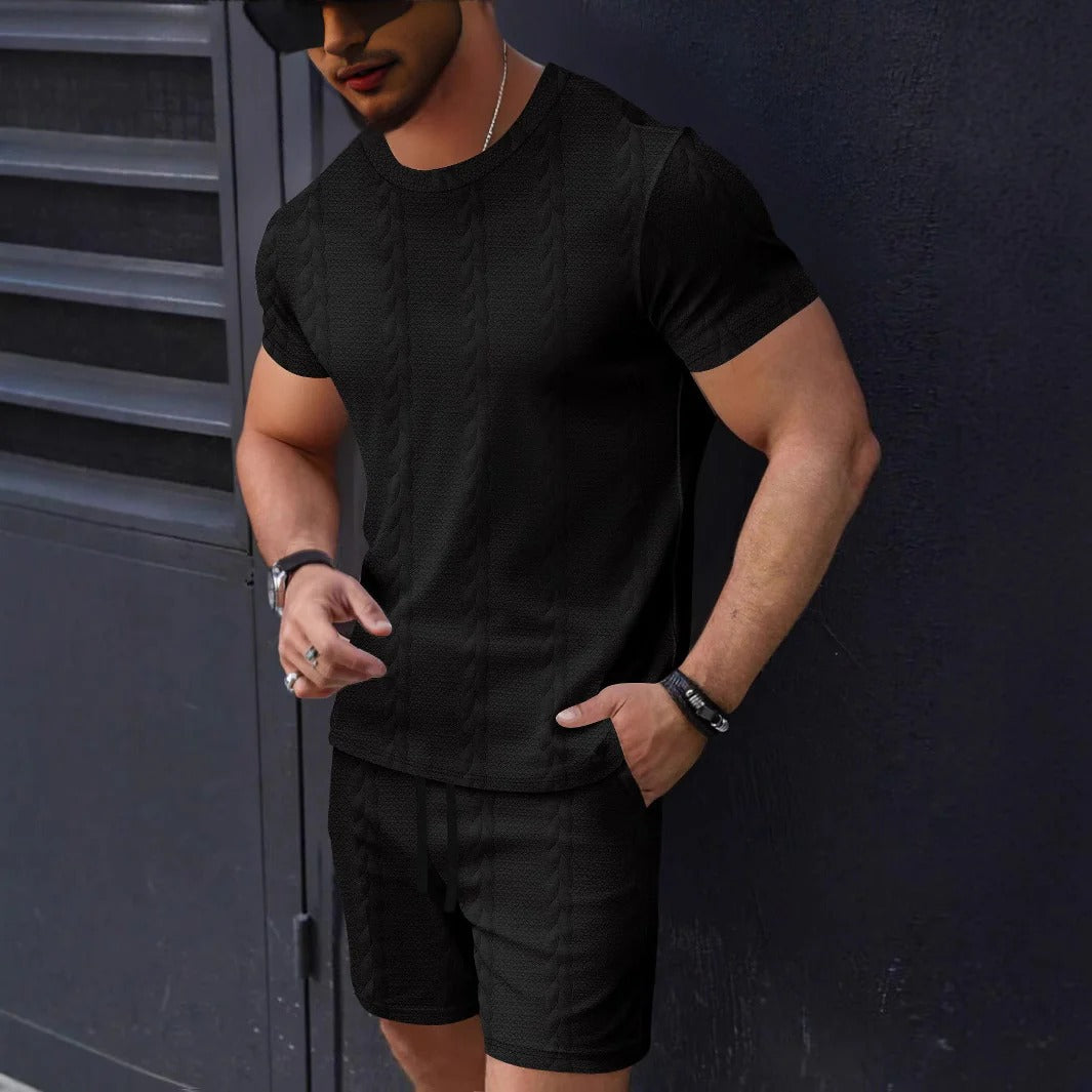 Ensemble Homme T-shirt et Short – Maille Texturée – Coupe Standard – Col Rond – Taille Cordon