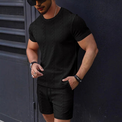 Ensemble Homme T-shirt et Short – Maille Texturée – Coupe Standard – Col Rond – Taille Cordon