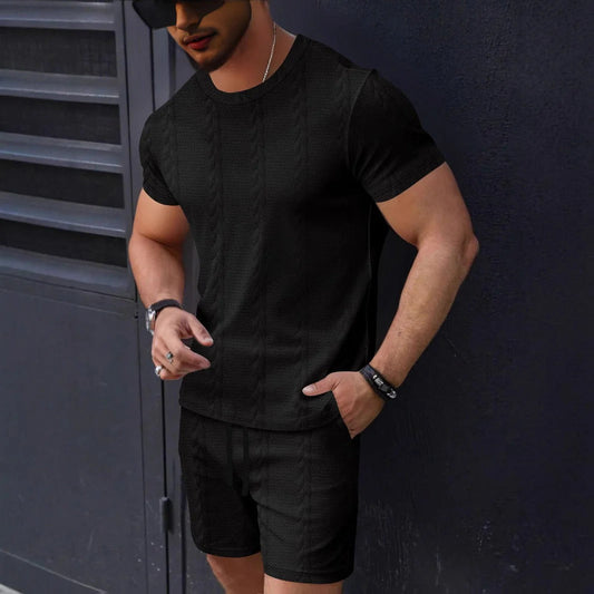 Ensemble Homme T-shirt et Short – Maille Texturée – Coupe Standard – Col Rond – Taille Cordon