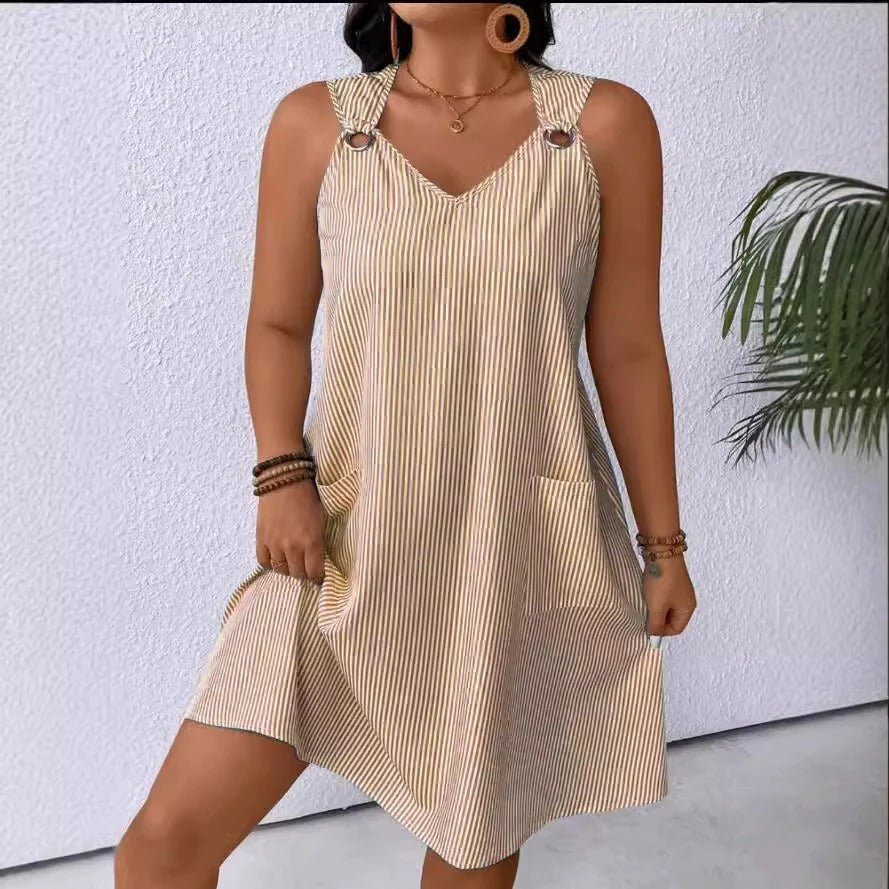 Robe femme évasée – Décolleté en V – Coton respirant – Longueur genou – Poches