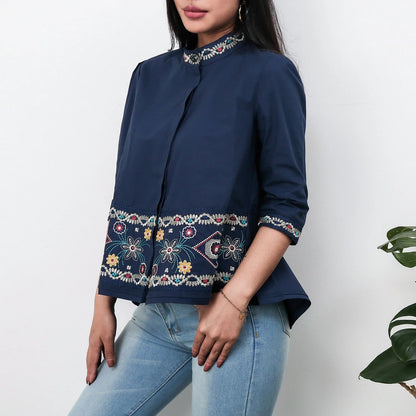 Blouse femme – Coupe décontractée – Coton doux – Col montant – Détails brodés