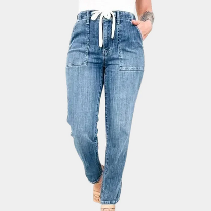 Pantalon femme – Taille haute – Coupe décontractée – Style denim coton – Cordon ajustable