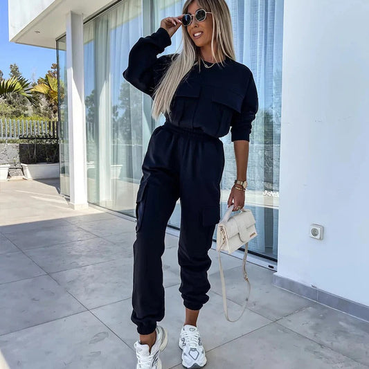 Ensemble Femme Deux Pièces – Coton Doux – Coupe Ample – Jogging Cargo et Haut Manches Longues