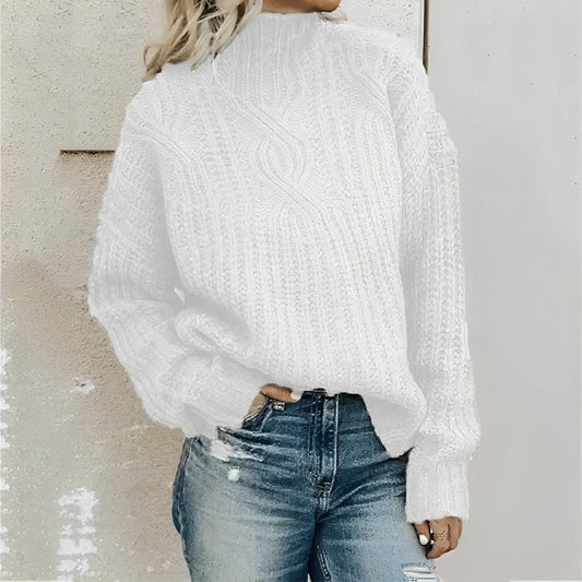 Pull femme – Coupe oversize – Tricot torsadé – Épaules tombantes – Col montant