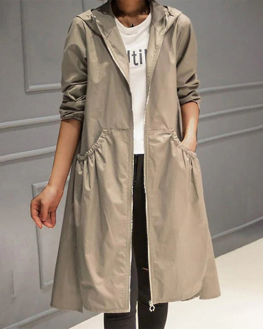 Trench femme – Imperméable à capuche – Coupe droite – Longueur genou – Style décontracté