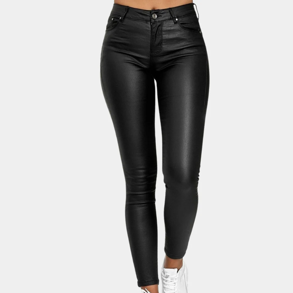 Pantalon femme slim – Finition effet cuir – Coupe longue – Style à 5 poches