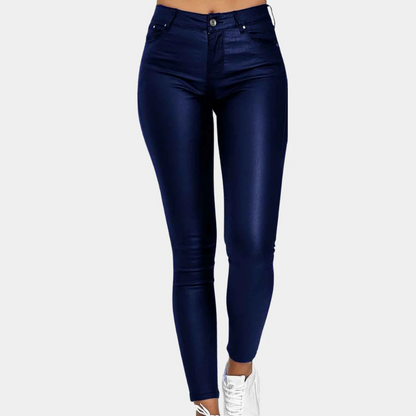 Pantalon femme slim – Finition effet cuir – Coupe longue – Style à 5 poches