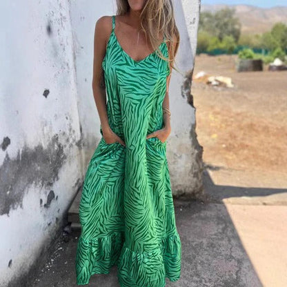 Robe longue femme – Coupe ample – Tissu léger respirant – Bretelles fines – Poches pratiques