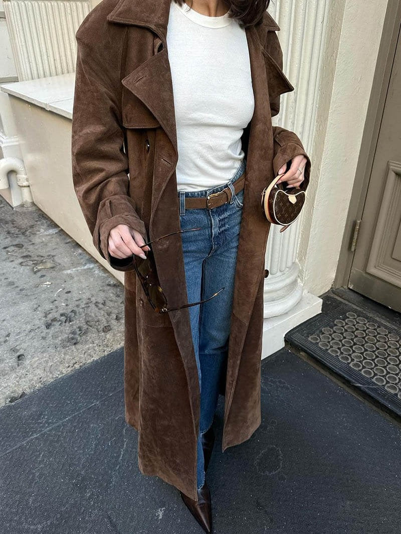 Trench femme – Coupe décontractée – Style double boutonnage – Tissu effet suède