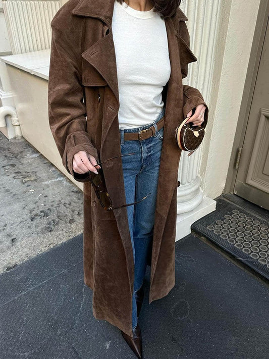 Trench femme – Coupe décontractée – Style double boutonnage – Tissu effet suède