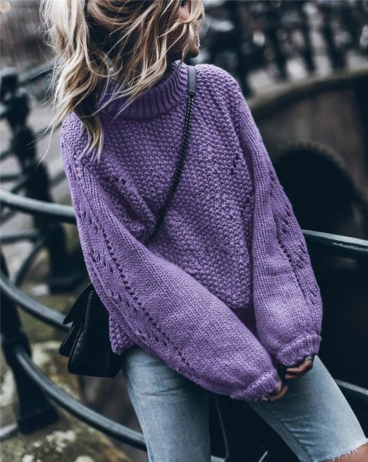 Pull femme – Maille épaisse – Coupe oversize – Col roulé – Manches ajourées