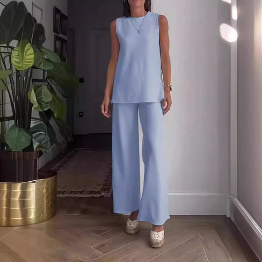 Ensemble Femme Blouse Sans Manches et Pantalon Palazzo – Coupe Ample – Coton Doux