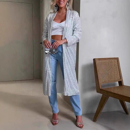 Manteau de soirée femme – Coupe droite fluide – Tissu scintillant – Longue ouverture