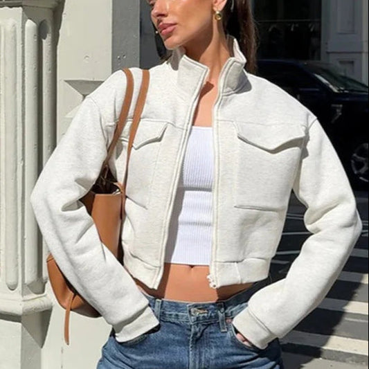 Veste utilitaire femme – Coupe courte – Col montant – Poches poitrine – Coton robuste