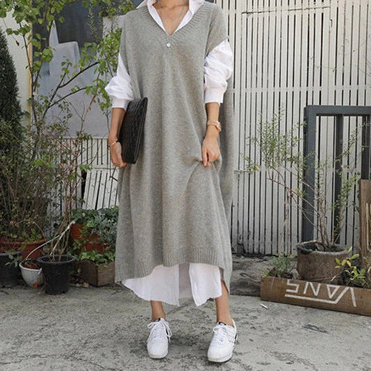 Robe Pull Femme – Coupe Décontractée – Maille Moyenne – Col V – Longueur Midi