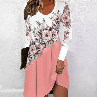 Robe midi femme – Coupe fluide – Manches longues – Col en V – Motif floral élégant