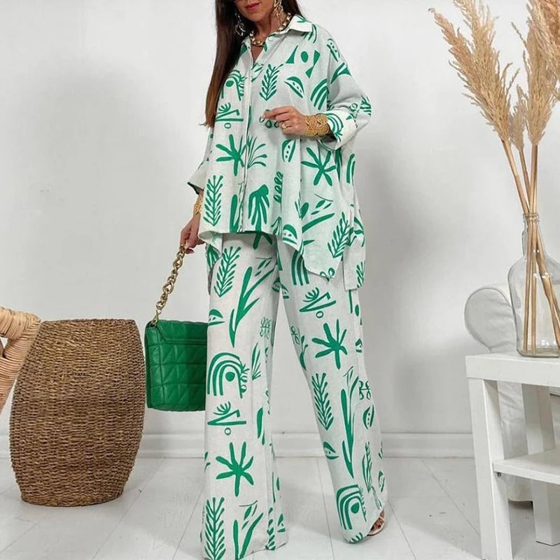 Ensemble Femme – Haut Boutonné Col Chemise – Pantalon Large – Tissu Respirant