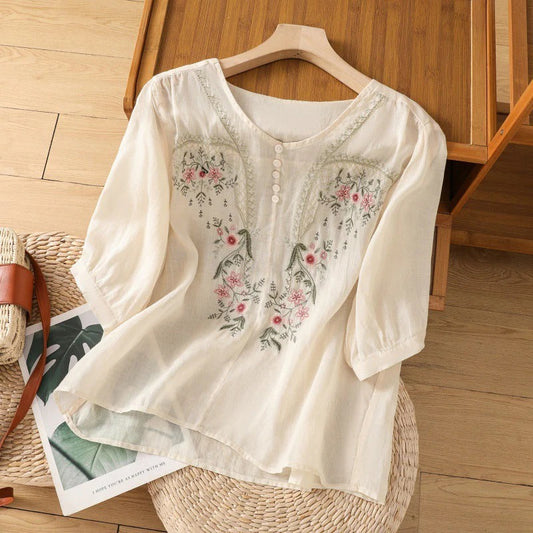 Blouse femme – Coupe décontractée – Tissu coton – Broderie florale – Manches 3/4