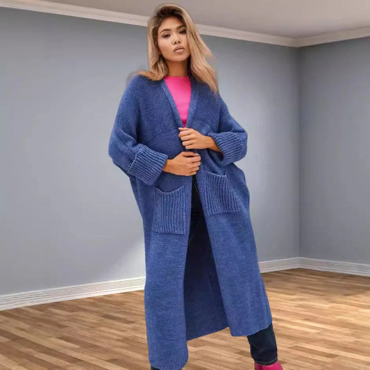 Manteau femme long en maille – Coupe oversize – Col en V – Poches plaquées