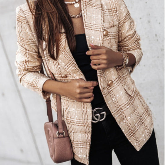 Blazer femme – Coupe cintrée – Double boutonnage – Tissu texturé imprimé – Épaules structurées