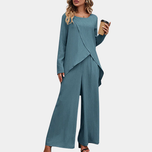 Ensemble Femme – Haut Asymétrique Manches Longues – Pantalon Large – Tissu Coton