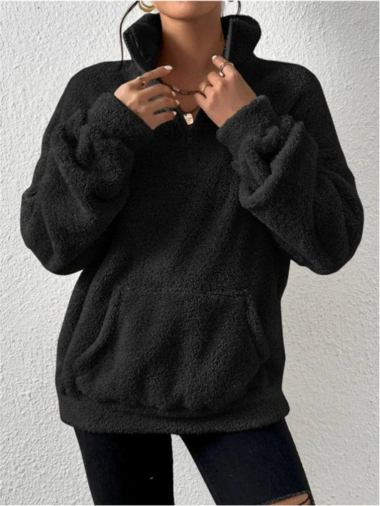 Sweat-shirt femme en polaire – Coupe décontractée – Col montant – Zip – Poche kangourou
