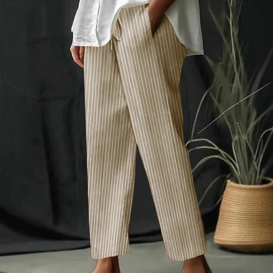 Pantalon large femme – Lin et coton – Taille cordon – Rayures – Coupe décontractée