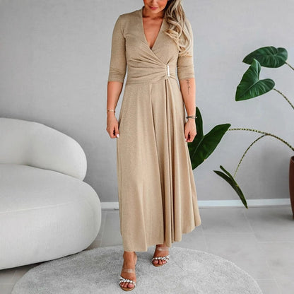 Robe longue femme – Coupe évasée – Décolleté cache-cœur – Manches 3/4 élégantes