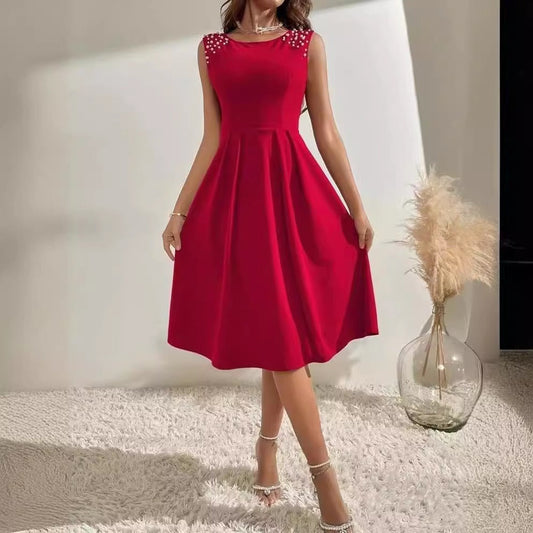 Robe midi femme – Taille ajustée – Épaule perlée – Sans manches fluide