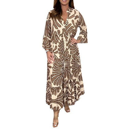 Robe midi femme – Chiffon léger – Coupe ample – Imprimée – Col V – Manches 3/4