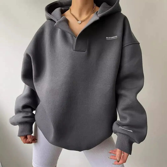 Sweat à capuche femme – Coupe oversize – Doublure chaude – Col V – Poignets côtelés