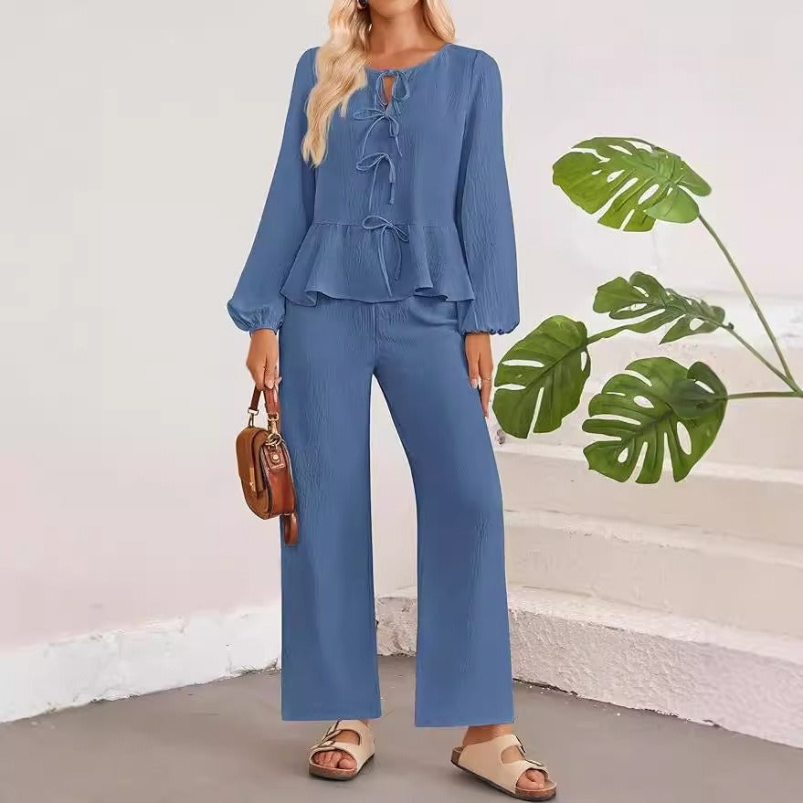 Ensemble femme – Haut col V à liens nœuds manches longues – Pantalon large taille haute