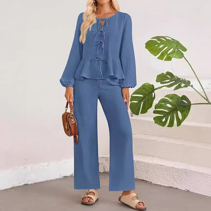 Ensemble femme – Haut col V à liens nœuds manches longues – Pantalon large taille haute