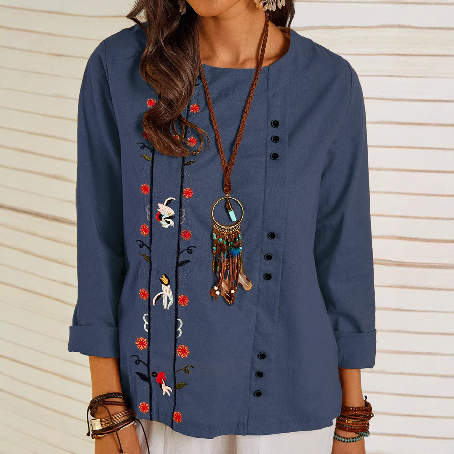 Blouse femme décontractée – Lin coton – Coupe ample – Manches 3/4 – Broderie florale