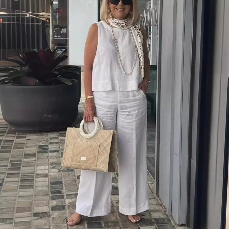 Ensemble Femme Débardeur et Pantalon – Coupe Ample – Lin et Coton – Jambe Large