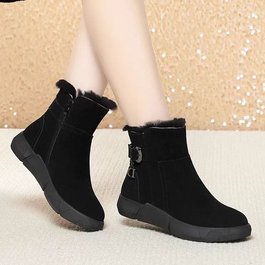 Bottes neige femme – Cuir avec doublure fourrure – Semelle épaisse – Zip côté