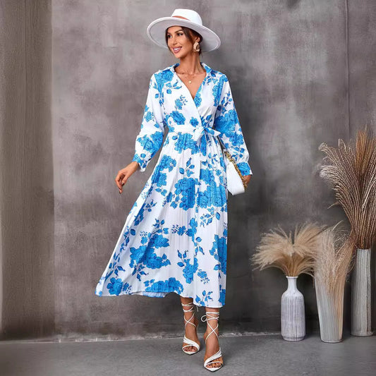 Robe midi femme – Col en V – Manches longues – Coupe évasée – Imprimé fleuri