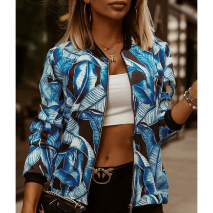 Veste Femme Courte – Coupe Slim – Imprimé Feuilles – Fermeture Zippée – Finitions Côtelées